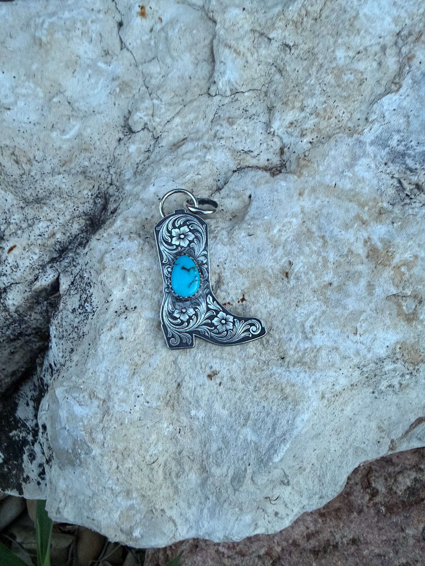 Handcrafted Sterling Silver Cowboy Boot Pendant with Turquoise | Laser Engraved Western Necklace