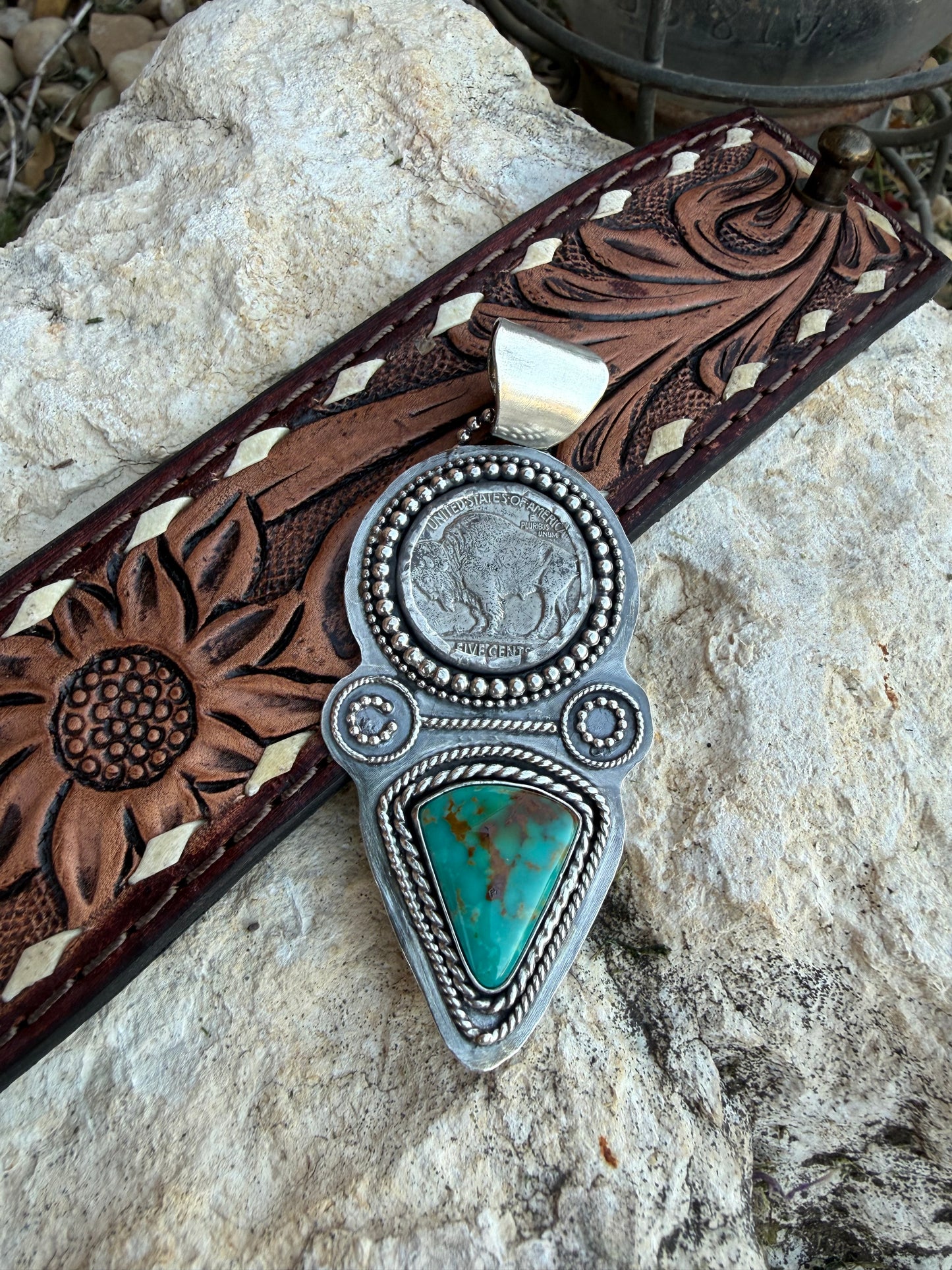 Buffalo Nickel & Royston Turquoise Sterling Silver Pendant