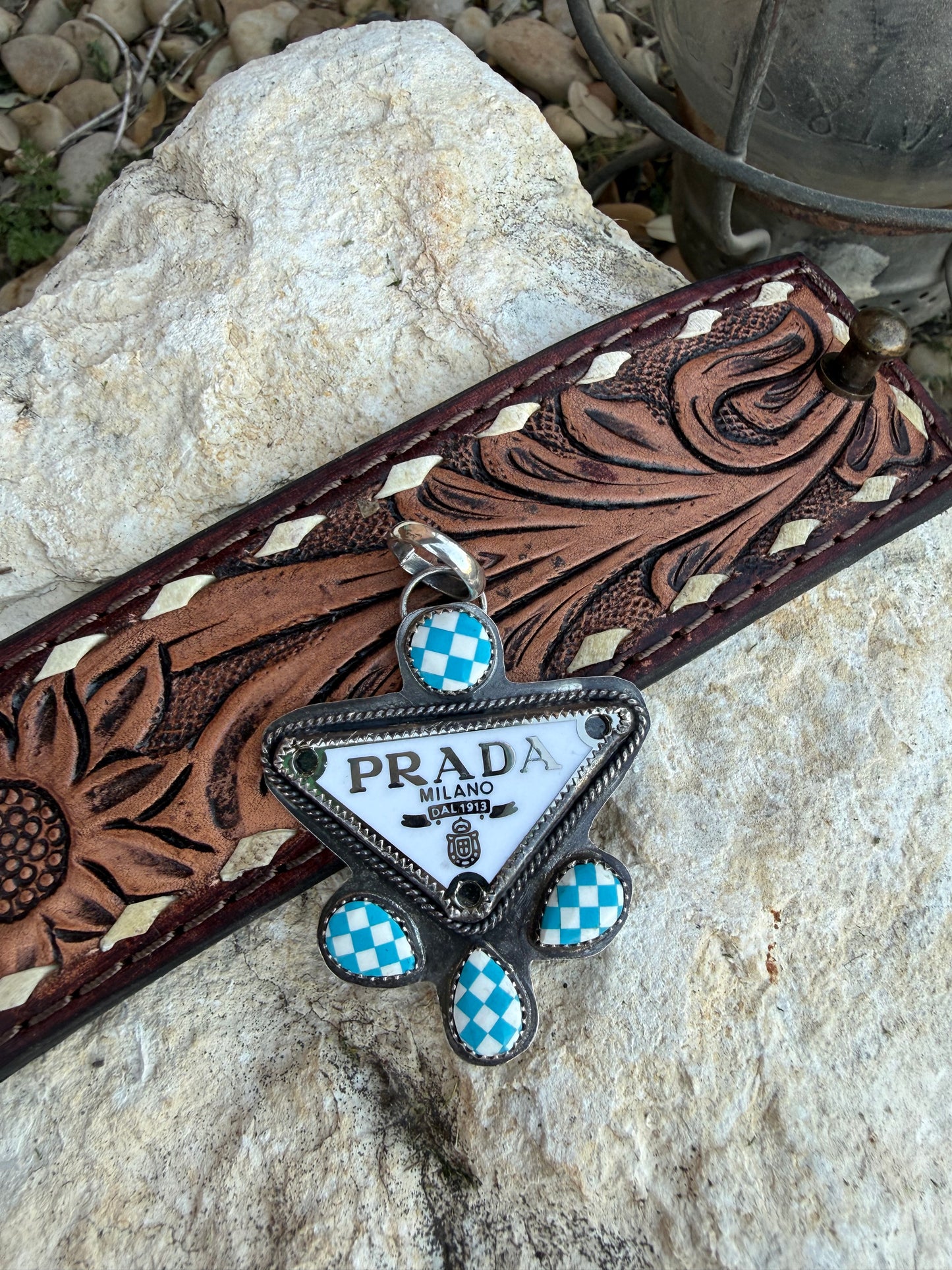 Repurposed Prada Pendant with Turquoise Checker Stones