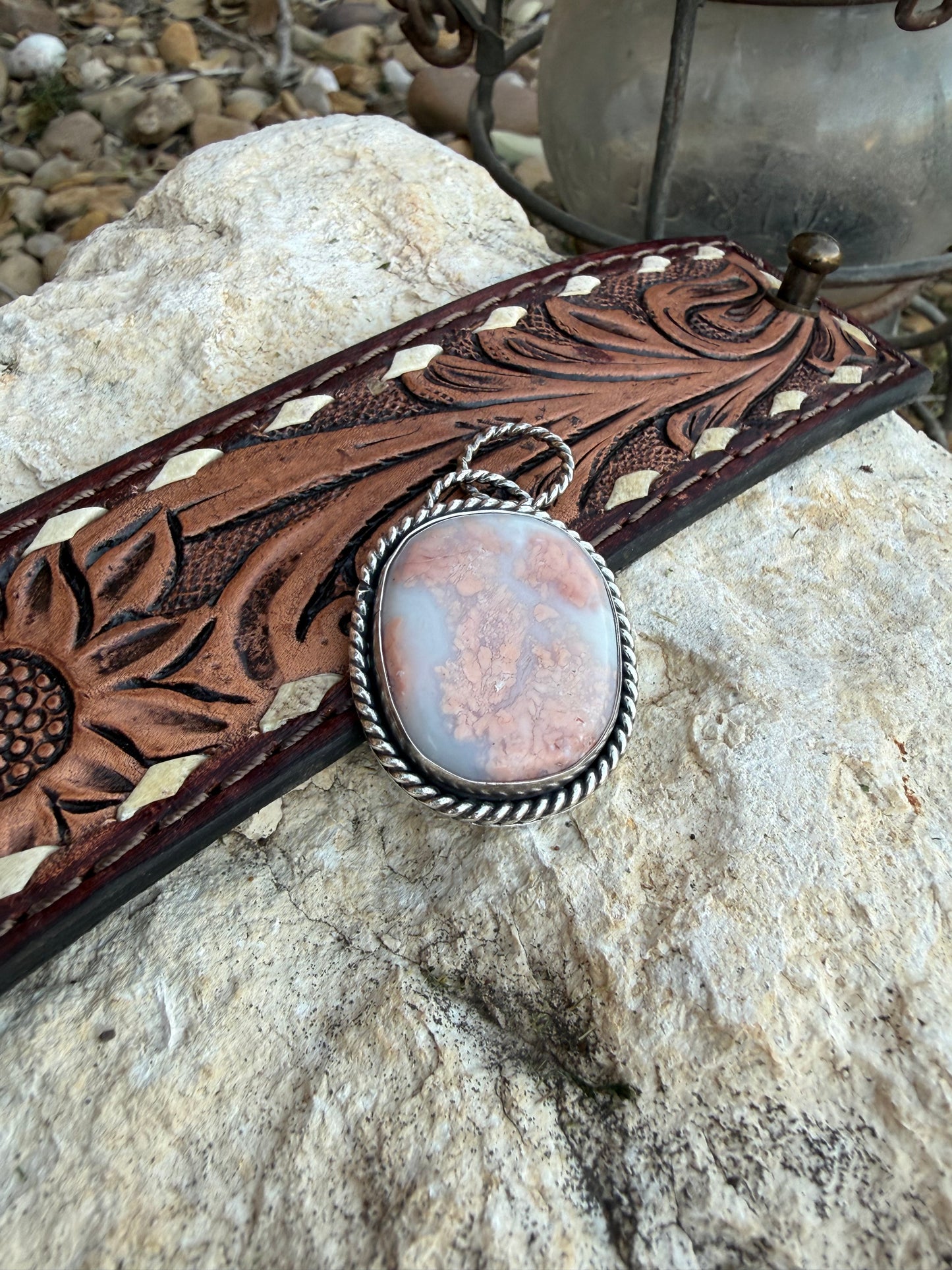 Pink/Peachy Agate Sterling Silver Pendant