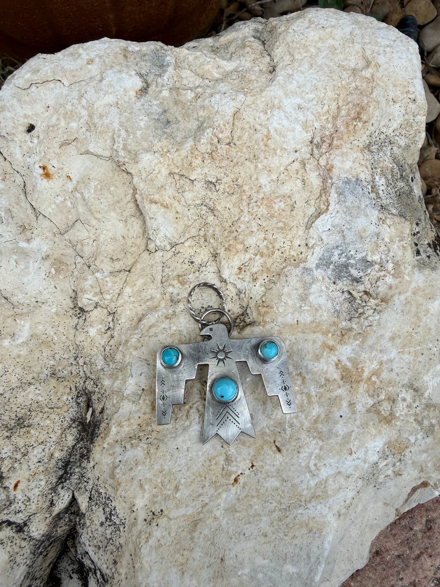 One-of-a-Kind Sterling Silver Thunderbird Pendant with Turquoise