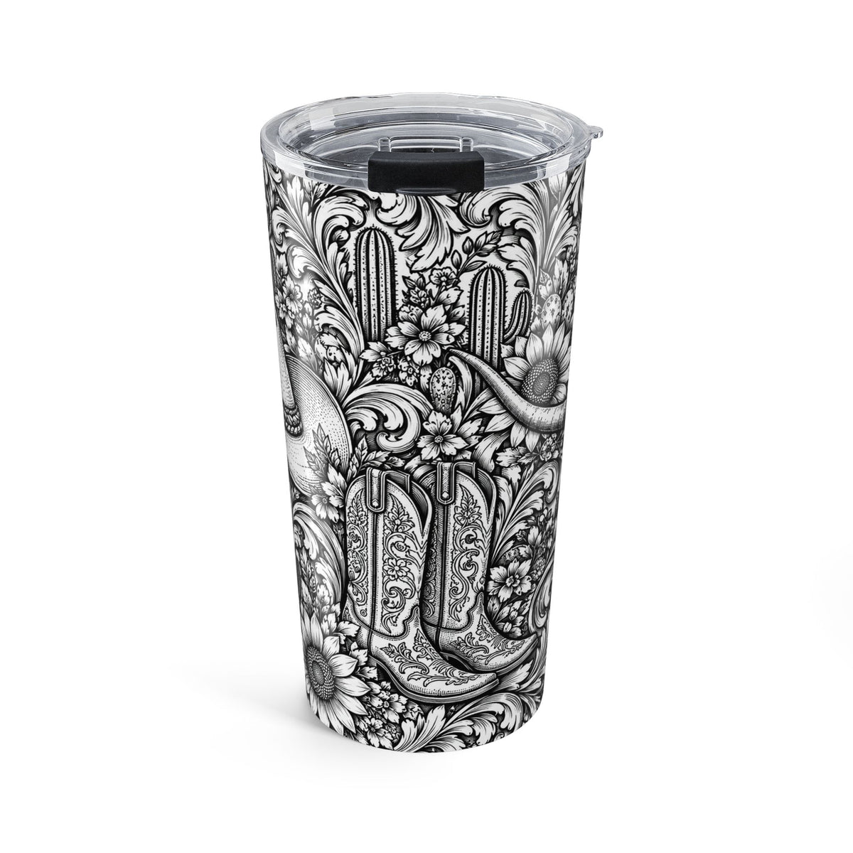 Western Floral 20oz Tumbler, Cowgirl Boots & Longhorn Skull, Tooled Leather Inspired Western Cup, Cowboy Gift