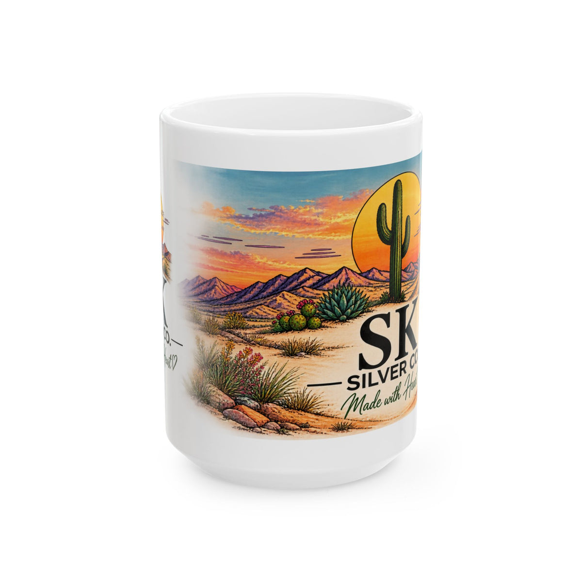 SK Silver Co Coffee Mug, Western Desert Cactus Mug, Southwestern Sunset Coffee Cup, Rustic Western Gift, 11oz 15oz Ceramic Mug