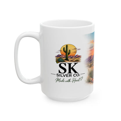 SK Silver Co Coffee Mug, Western Desert Cactus Mug, Southwestern Sunset Coffee Cup, Rustic Western Gift, 11oz 15oz Ceramic Mug