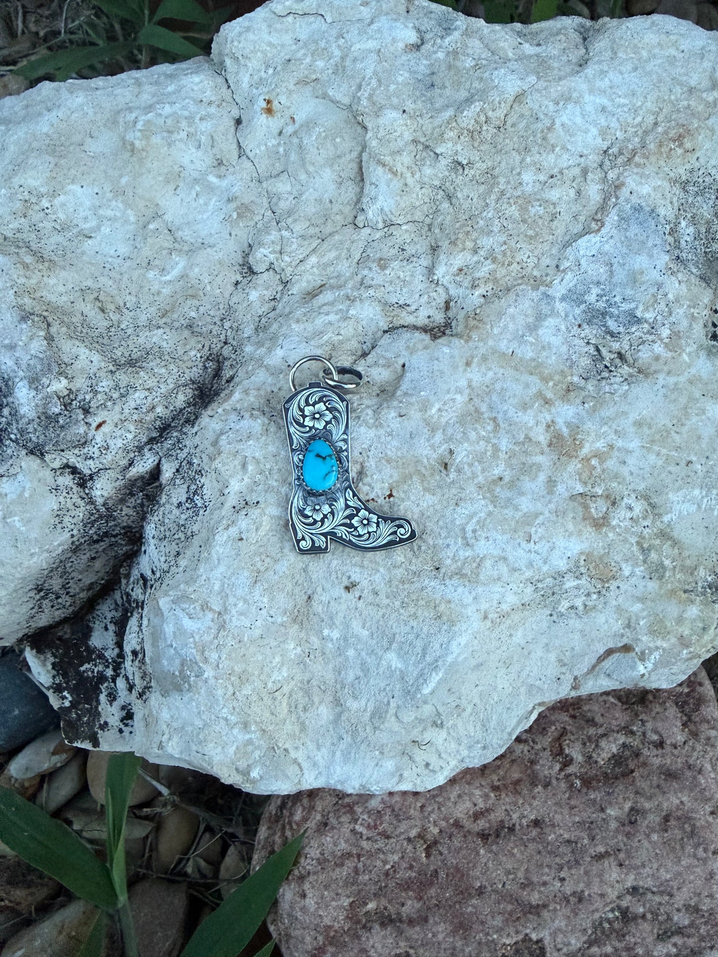 Handcrafted Sterling Silver Cowboy Boot Pendant with Turquoise | Laser Engraved Western Necklace