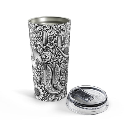 Western Floral 20oz Tumbler, Cowgirl Boots & Longhorn Skull, Tooled Leather Inspired Western Cup, Cowboy Gift
