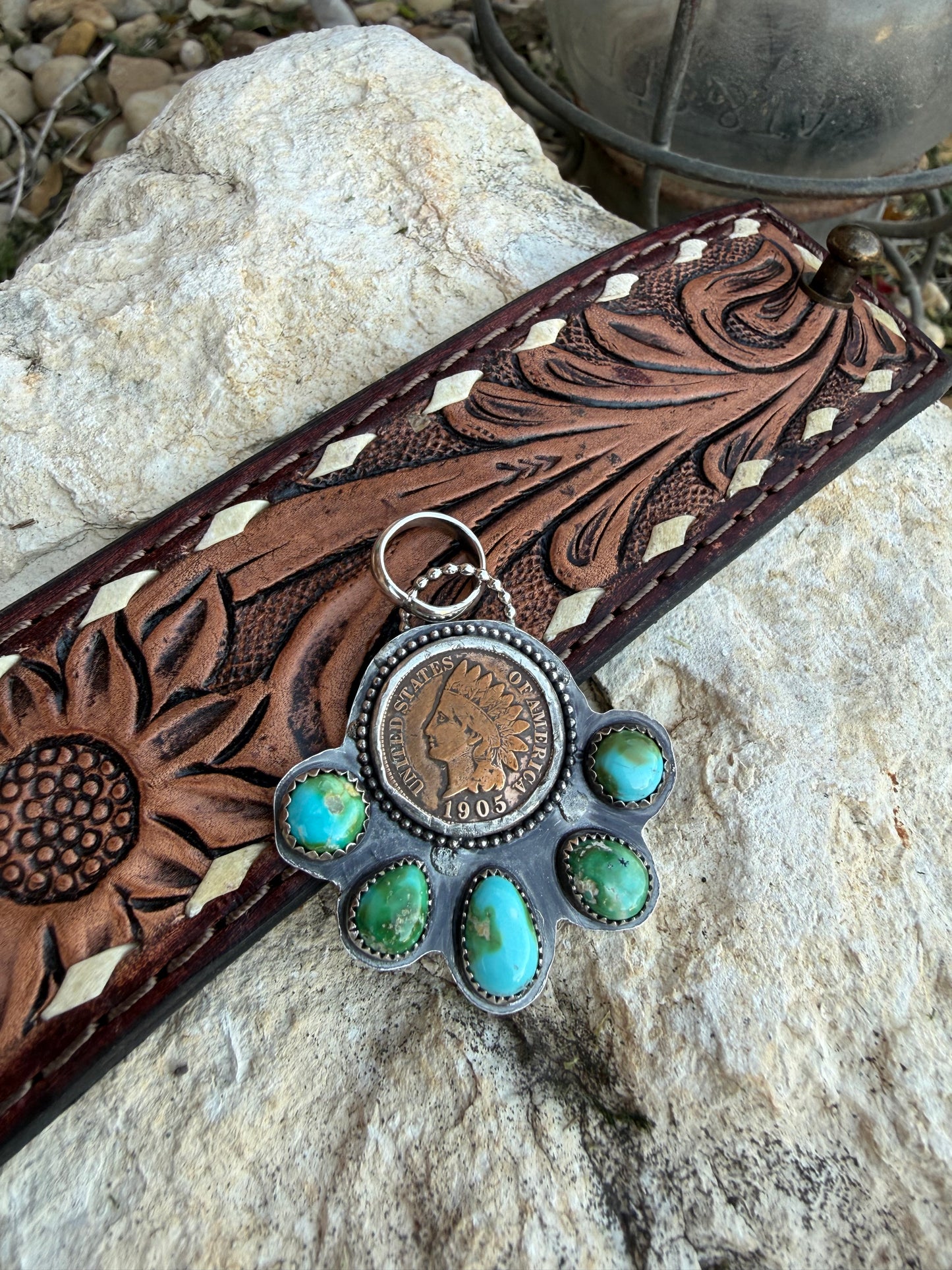 Indian Head Penny & Sonoran Gold Turquoise Sterling Silver Pendant