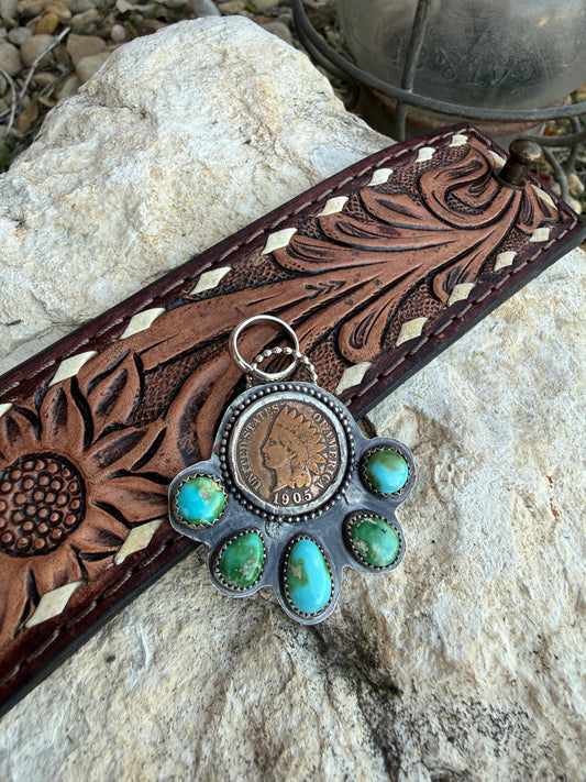 Indian Head Penny & Sonoran Gold Turquoise Sterling Silver Pendant