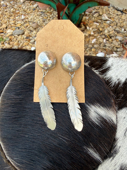 Stamped Concho Feather Earrings