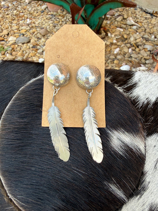 Stamped Concho Feather Earrings