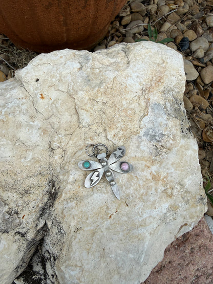 One-of-a-Kind Sterling Silver Dragonfly Pendant with Turquoise & Pink Stone