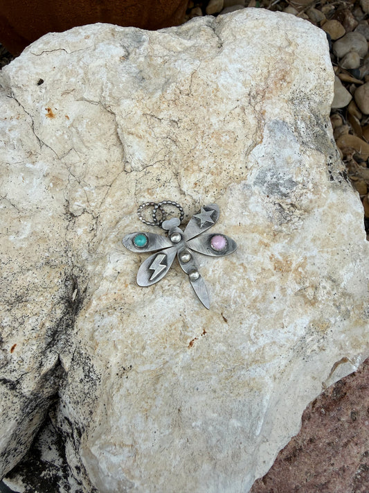 One-of-a-Kind Sterling Silver Dragonfly Pendant with Turquoise & Pink Stone