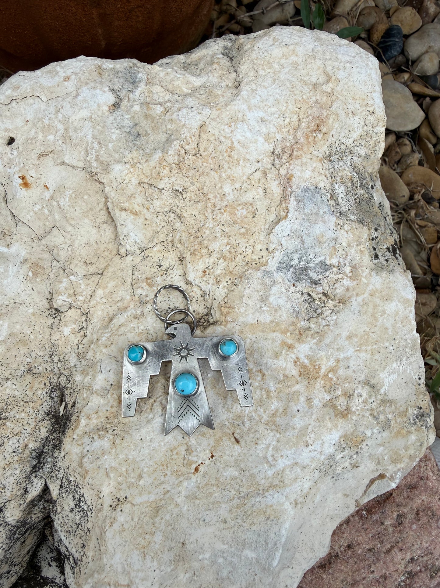 One-of-a-Kind Sterling Silver Thunderbird Pendant with Turquoise