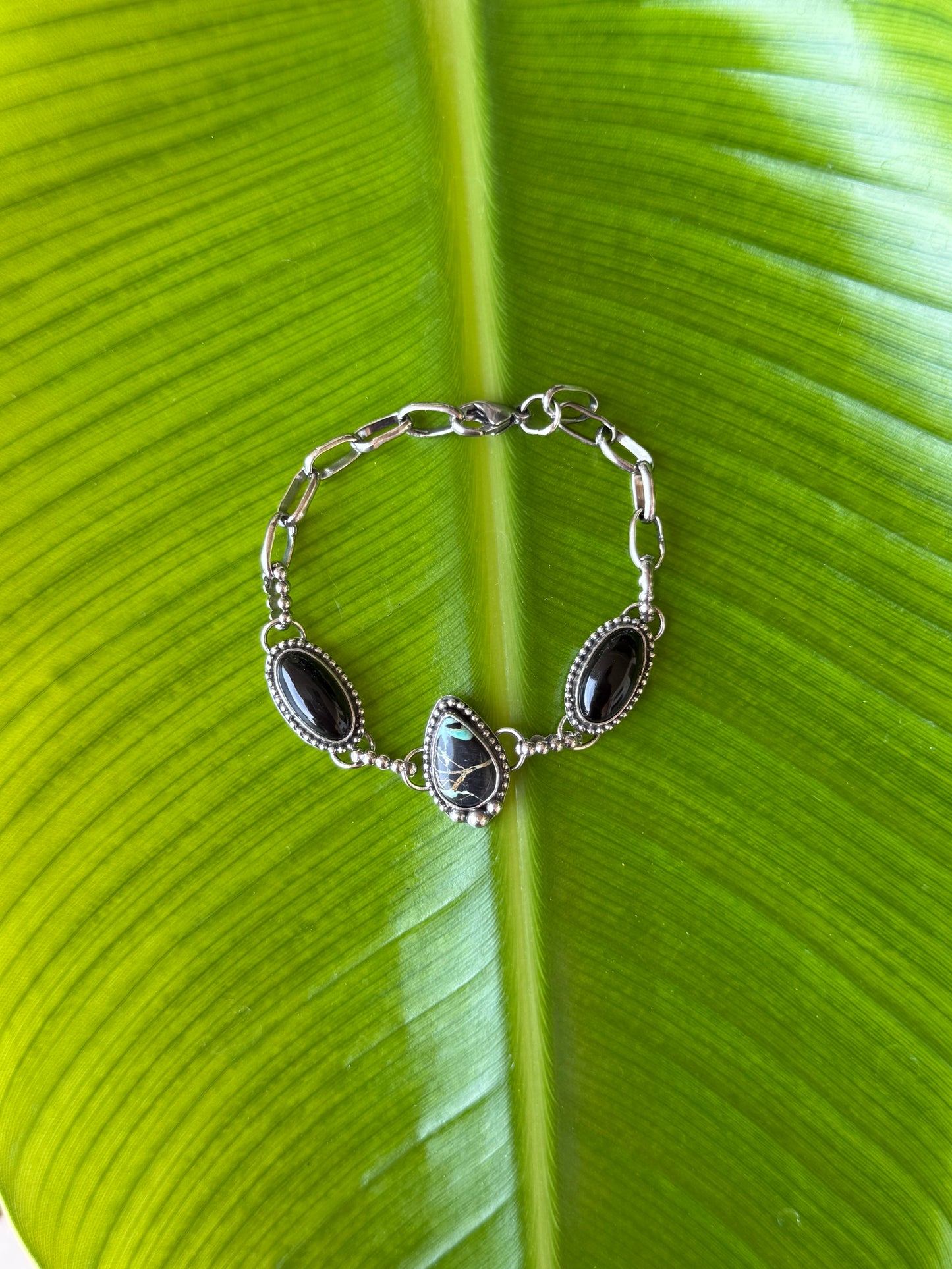Black Jack Turquoise & Onyx Sterling Bracelet