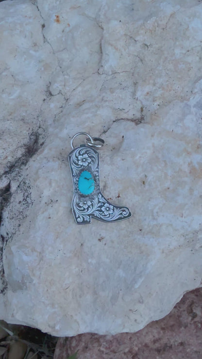 Handcrafted Sterling Silver Cowboy Boot Pendant with Turquoise | Laser Engraved Western Necklace
