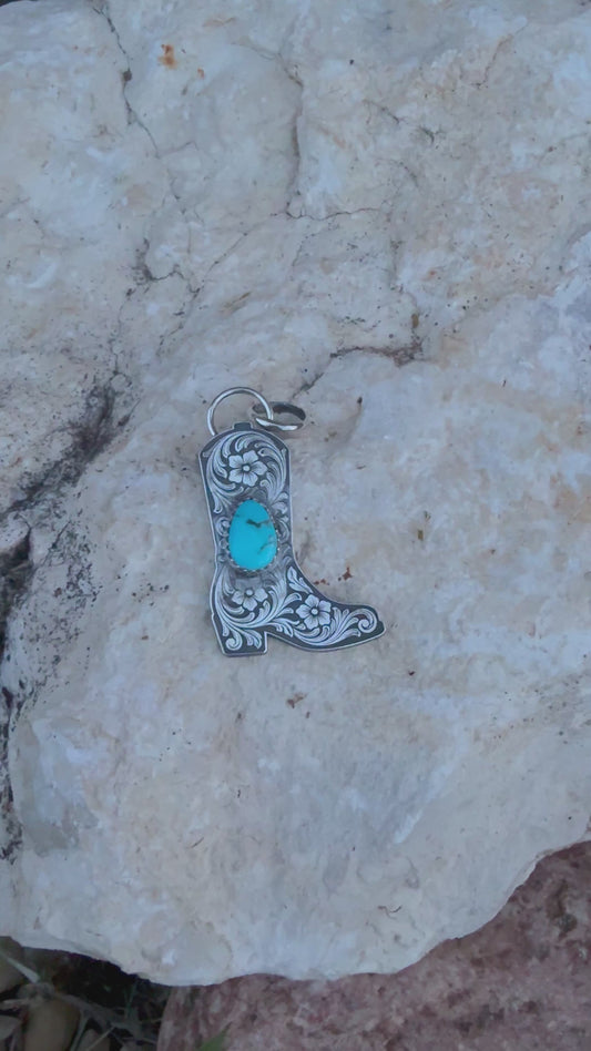 Handcrafted Sterling Silver Cowboy Boot Pendant with Turquoise | Laser Engraved Western Necklace